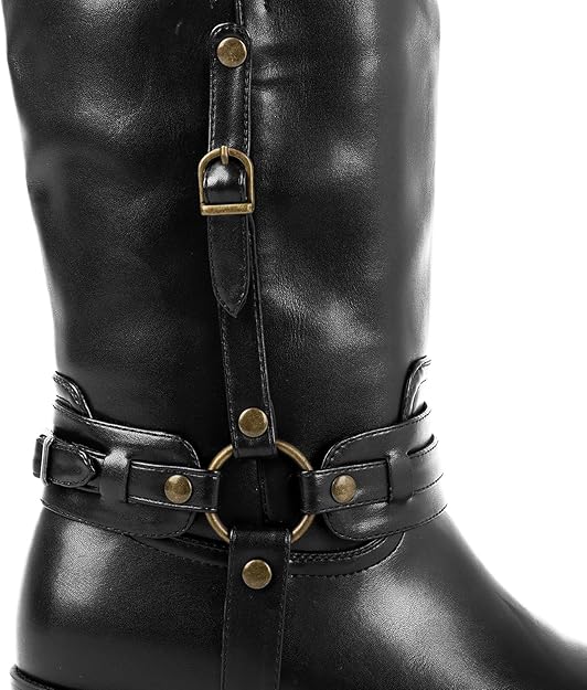 Mid Calf Boots For Women Chunky Low Heel Riding Booties Motorcycle Biker
