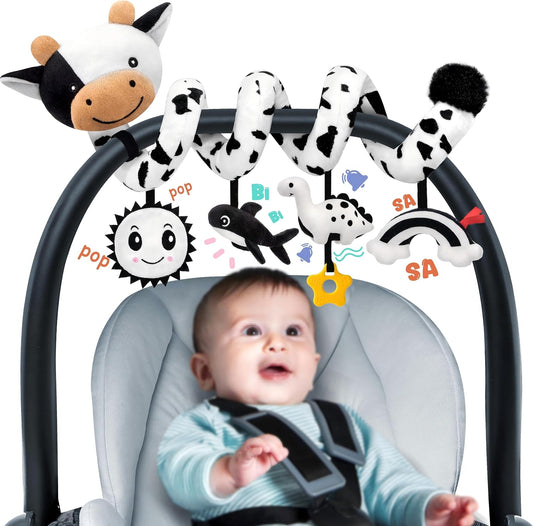 NEW! Spiral Car Seat Baby Toys 0-6 Months Cute Black and White Cow
