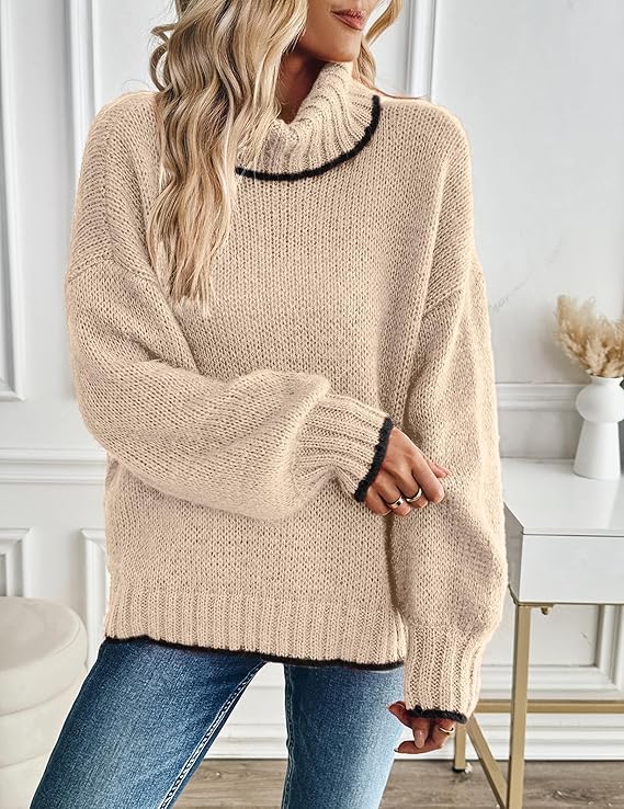 Turtleneck Sweater for Women Long Sleeve Oversized Light Khaki -  BigGreenBear.com clothing 24.50 USD Big Green Bear