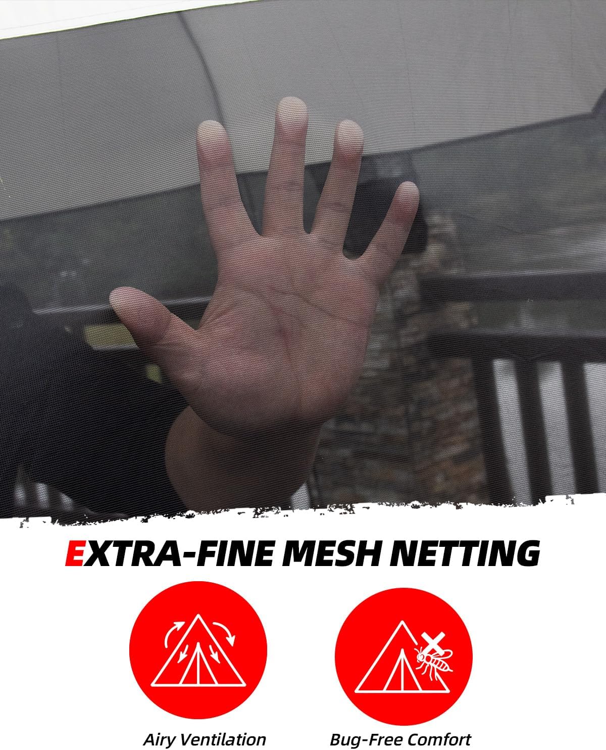 A hand pressed against a mesh window pane to demonstrate the fine mesh netting, with text reading 'EXTRA-FINE MESH NETTING' and two red icons below illustrating 'Airy Ventilation' and 'Bug-Free Comfort'.