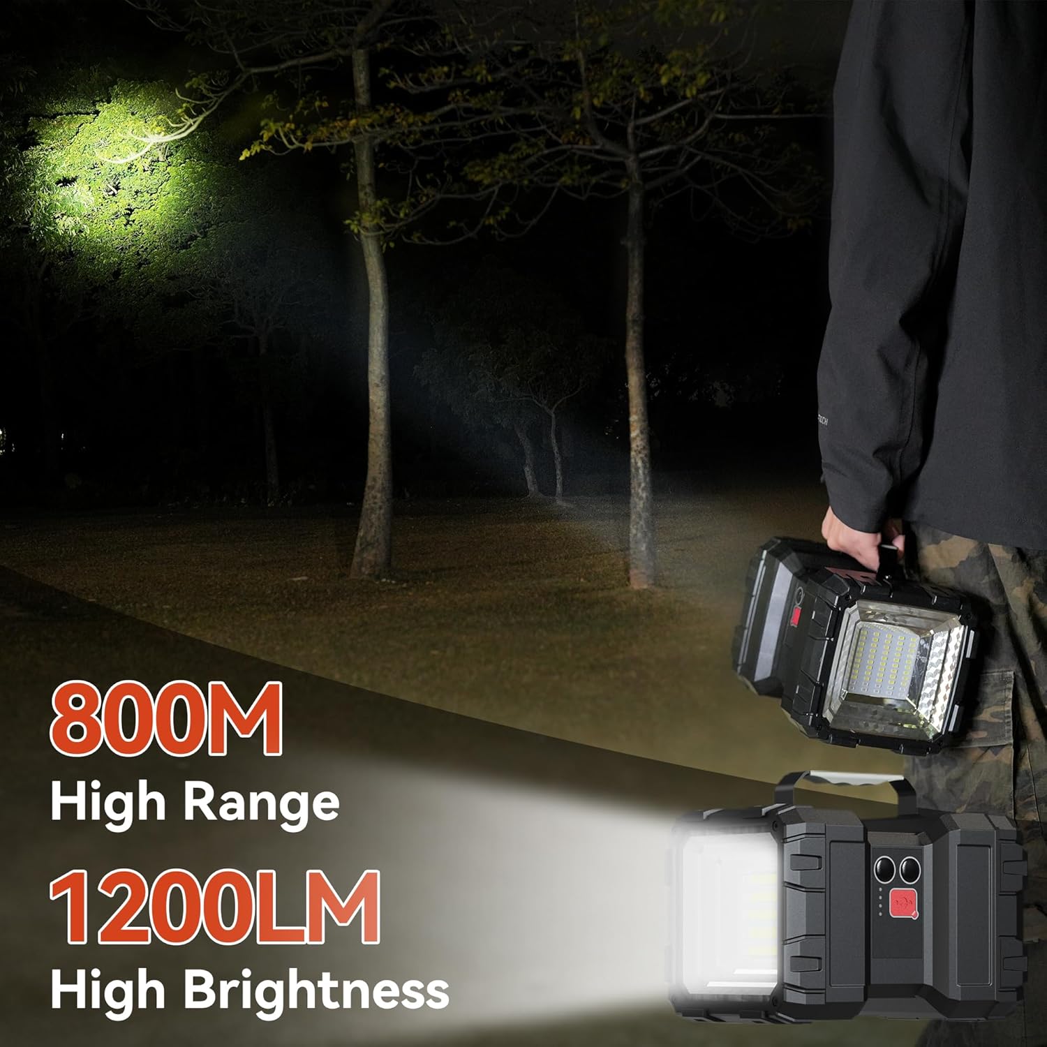 Person holding a high-powered flashlight in a dark forest with text indicating range and brightness.