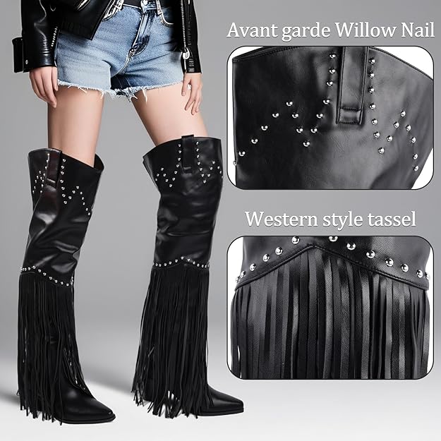 Fringe Cowboy Boots for Women, Thigh High Cowgirl Western Boots Black-Studded -  BigGreenBear.com shoes 99.00 USD Big Green Bear