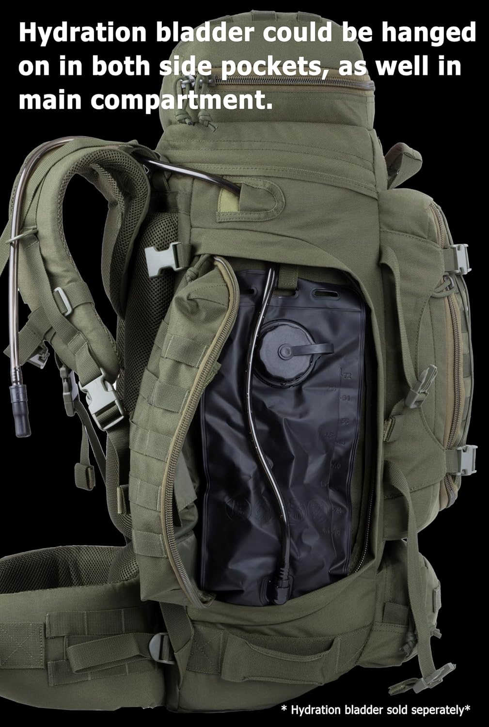 Green hydration backpack with text indicating hydration bladder compatibility.