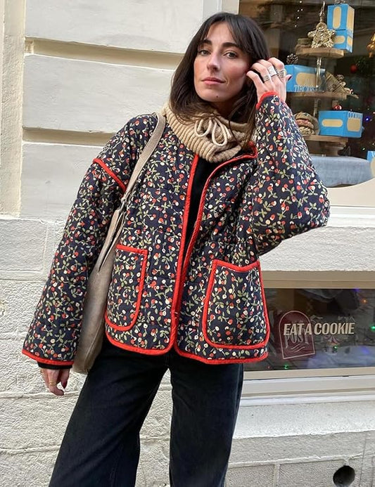 Women's Cropped Puffer Quilted Jacket Vintage Floral Print-Black -  BigGreenBear.com clothing 39.89 USD Big Green Bear