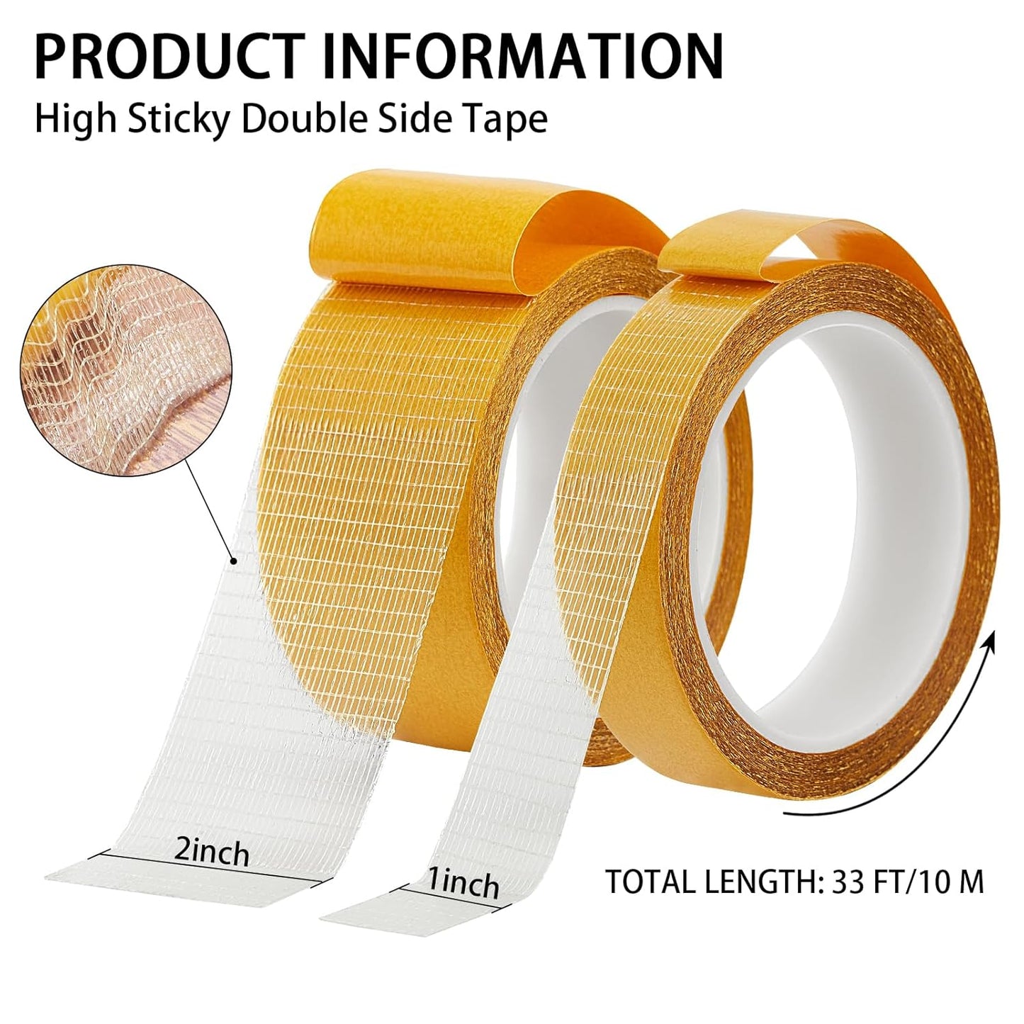 Double Sided Fabric Tape Heavy Duty, Double Stick Carpet Tape 2 Rolls (1In+2In x33Ft)
