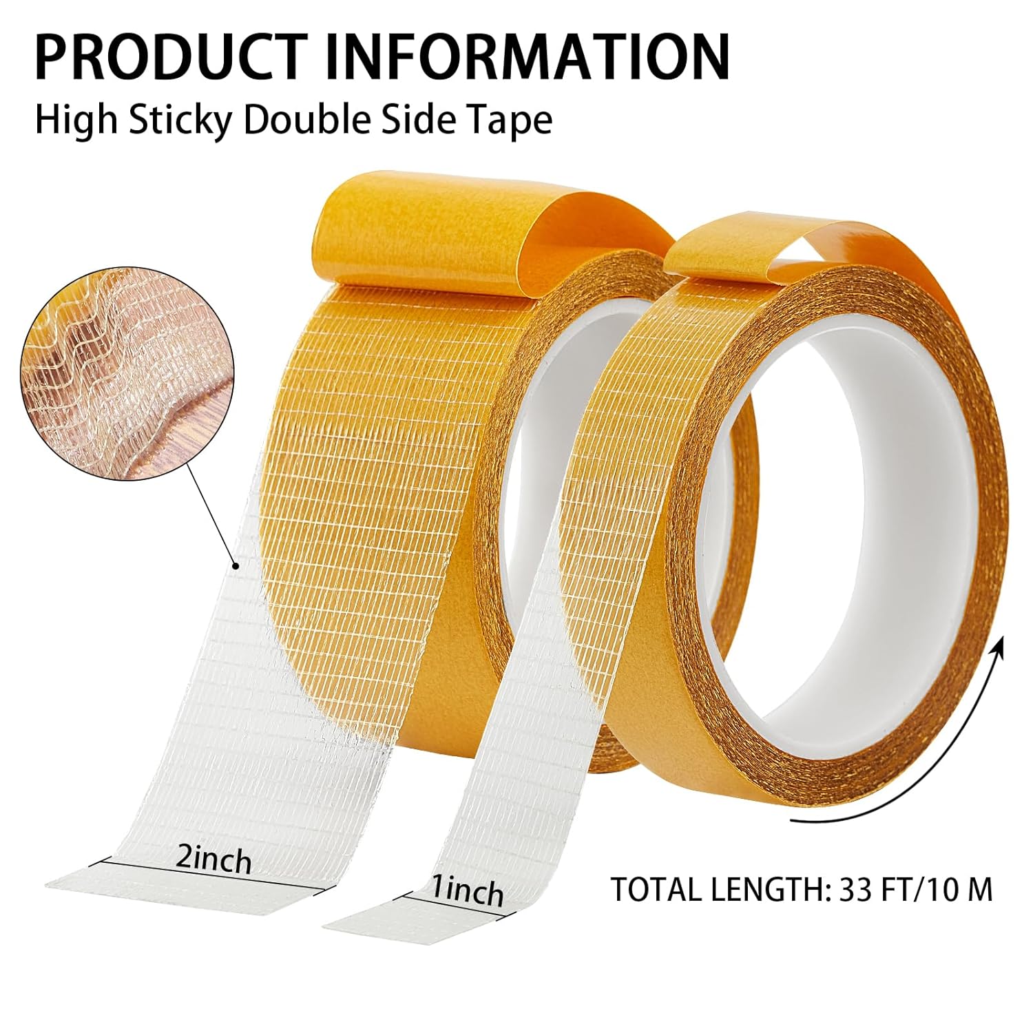 Double Sided Fabric Tape Heavy Duty, Double Stick Carpet Tape 2 Rolls (1In+2In x33Ft)