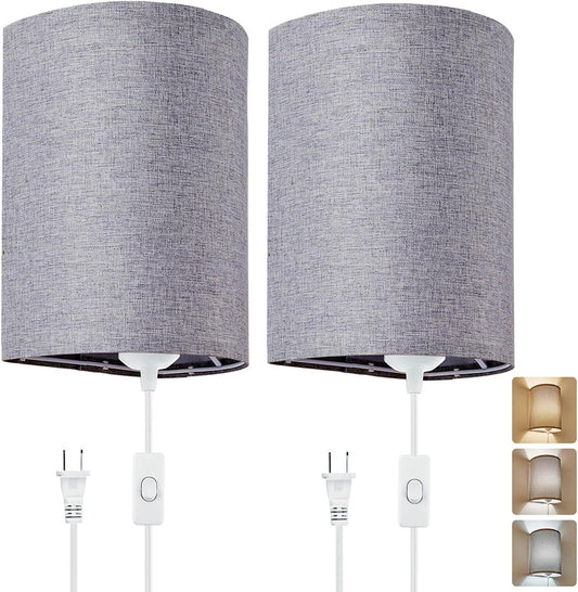 Wall Sconces Set of 2, Plug in Wall Sconces with On/Off Switch, 3-Color Selectable