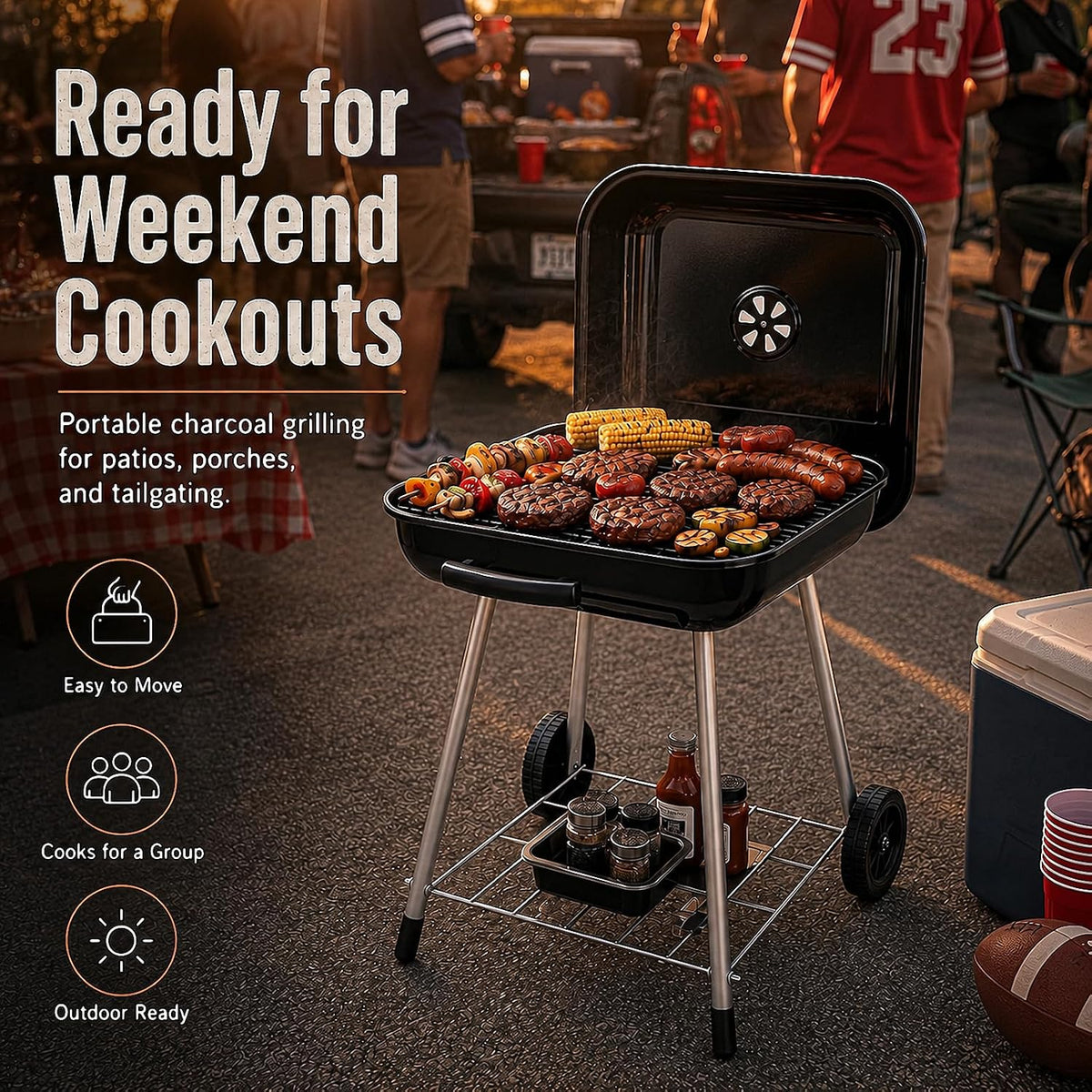 A portable charcoal grill with a black lid and silver legs is shown outdoors at a tailgate, cooking burgers, sausages, corn, and peppers. Large promotional text on the left reads 'Ready for Weekend Cookouts' with feature icons for easy mobility, group cooking, and outdoor readiness.