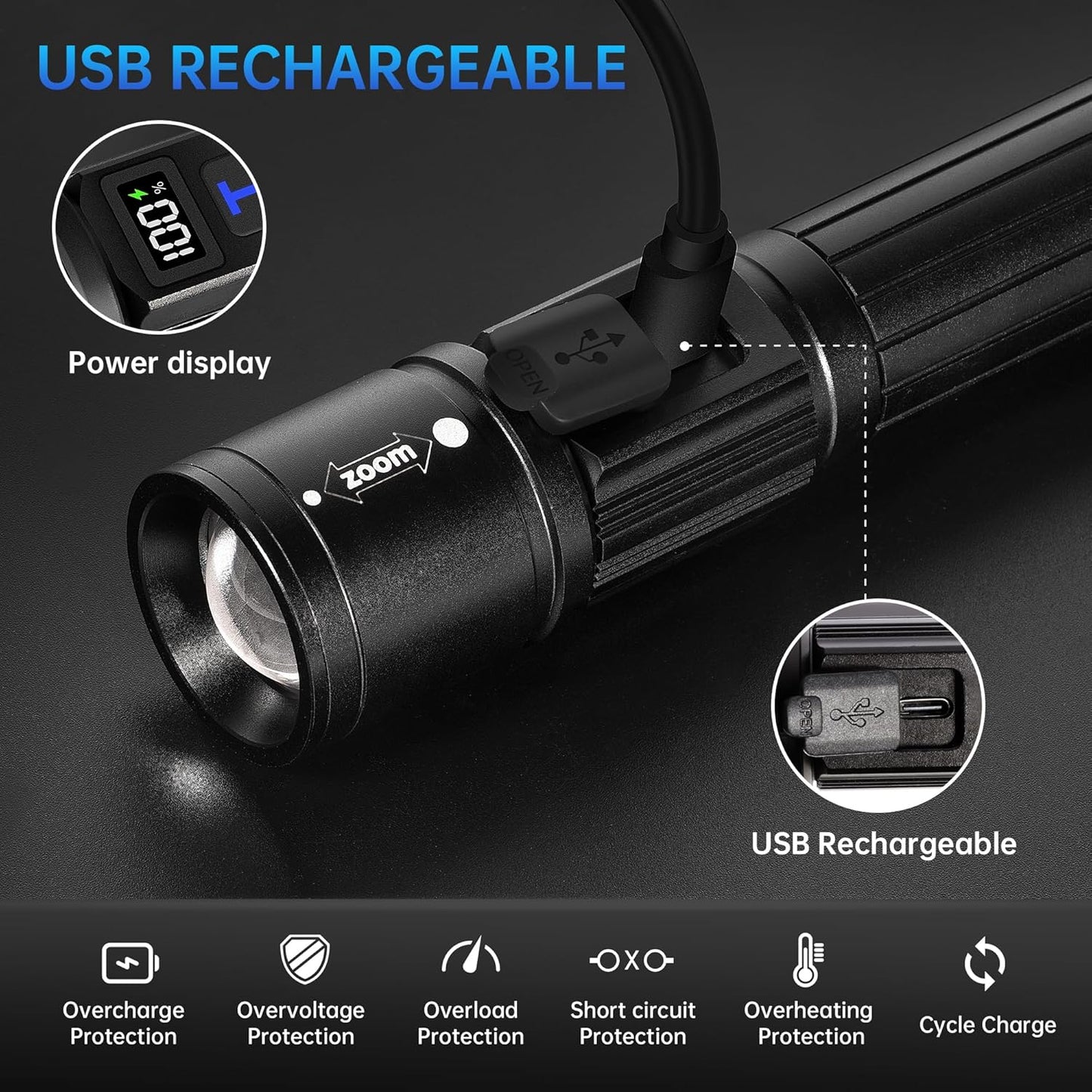 Black flashlight with USB rechargeable feature on a dark background