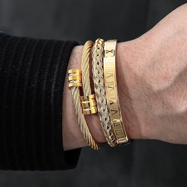 NEW! 3PCS Stainless Steel Bracelets for Men Gold Roman Numeral Bangle Bracelet -  BigGreenBear.com jewelry 19.99 USD Big Green Bear