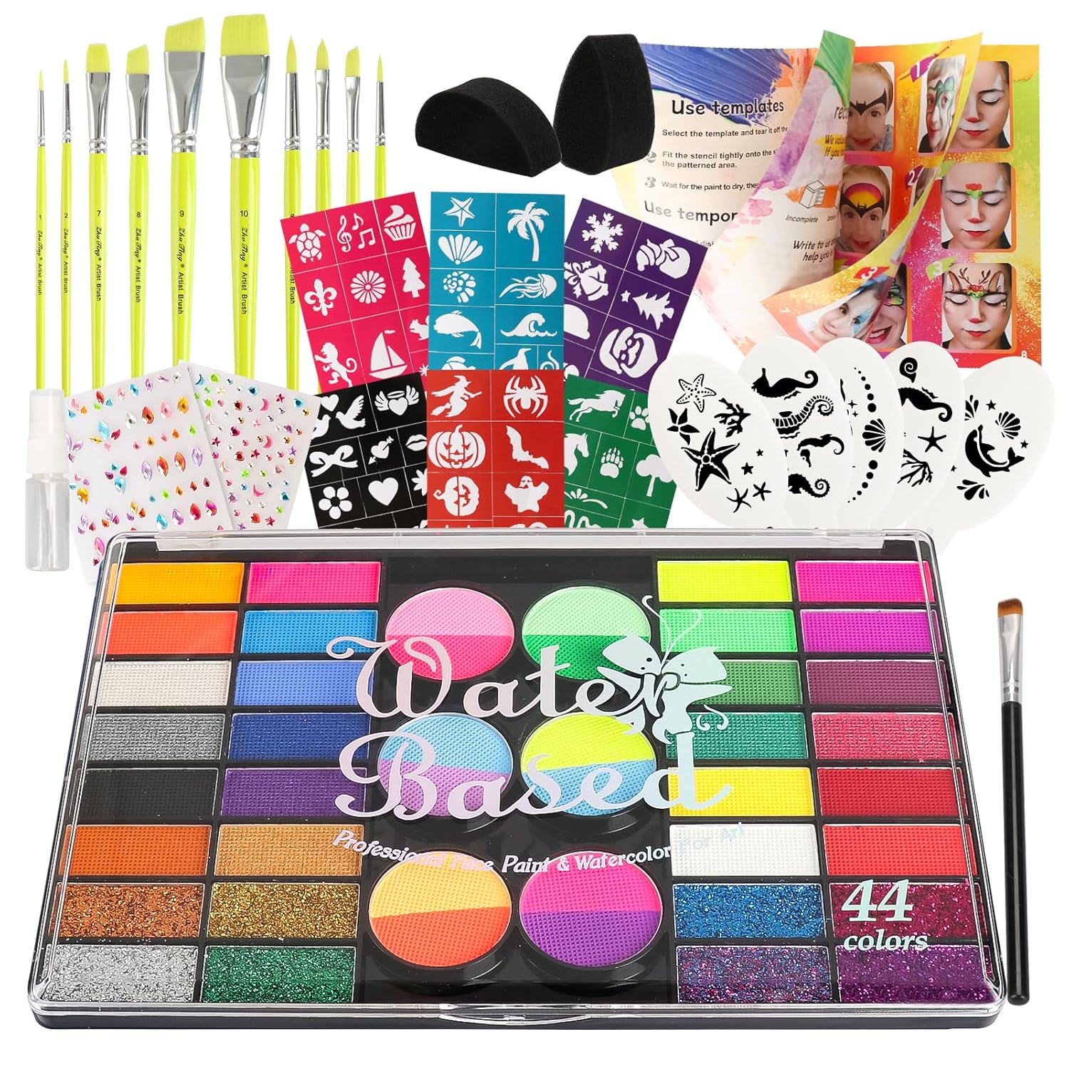 44 Color Face Painting Kit for Kids with Stencils, Brushes, Gems & Glitter