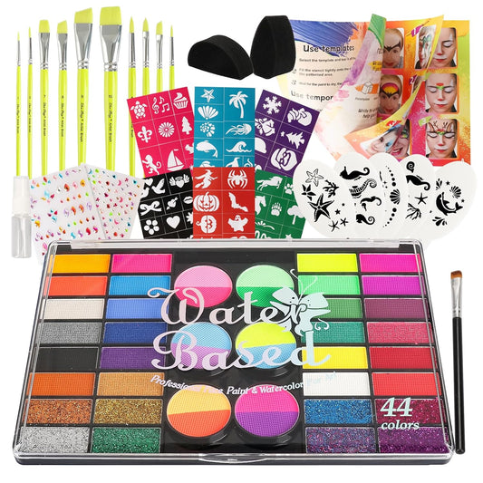 44 Color Face Painting Kit for Kids with Stencils, Brushes, Gems & Glitter