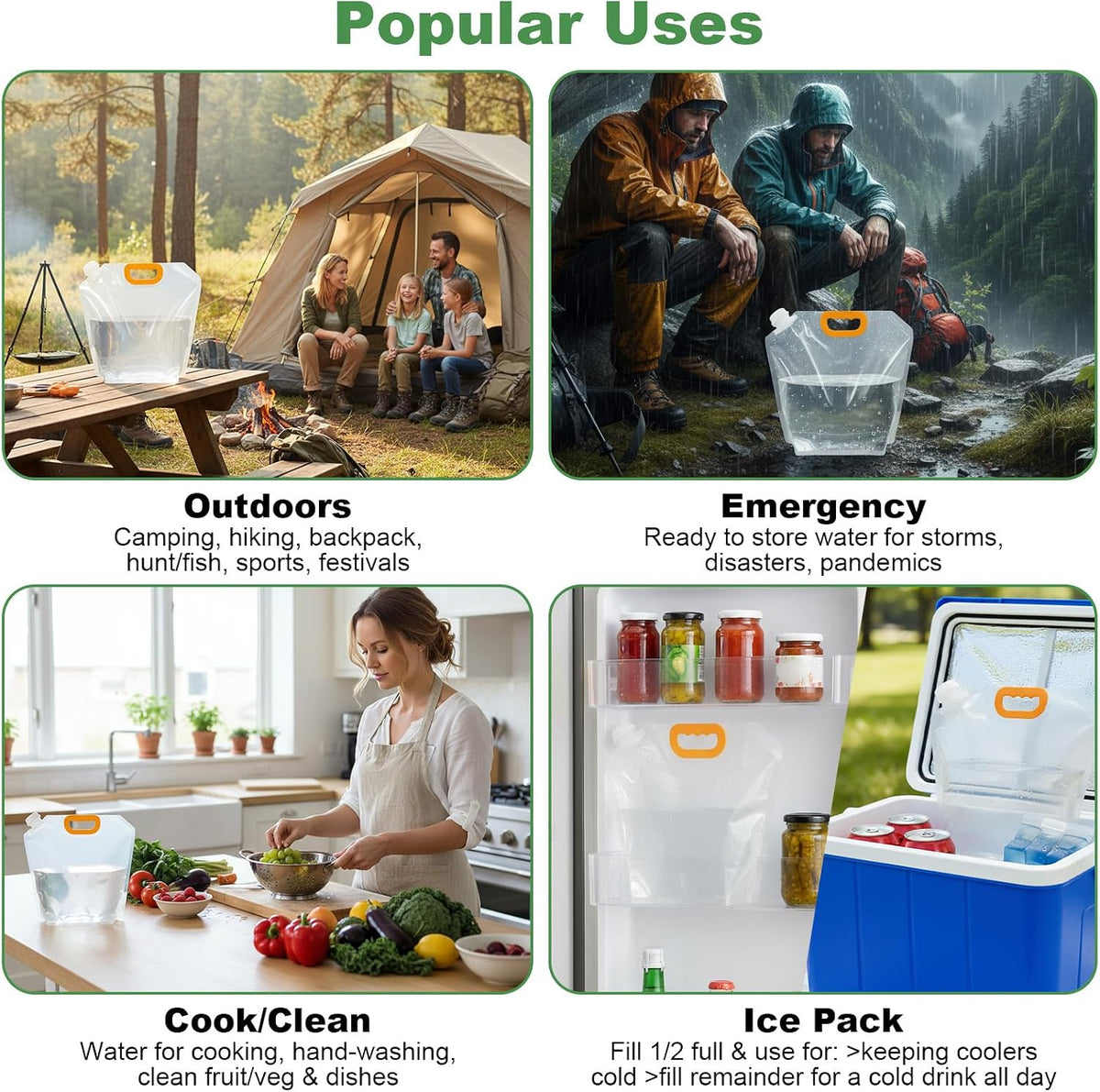 A promotional collage titled 'Popular Uses' showing a clear plastic ice bucket with a yellow-orange lid in four lifestyle scenes: camping outdoors with a tent and campfire, emergency preparedness by a river, cooking and cleaning in a kitchen, and an ice pack inside a refrigerator.