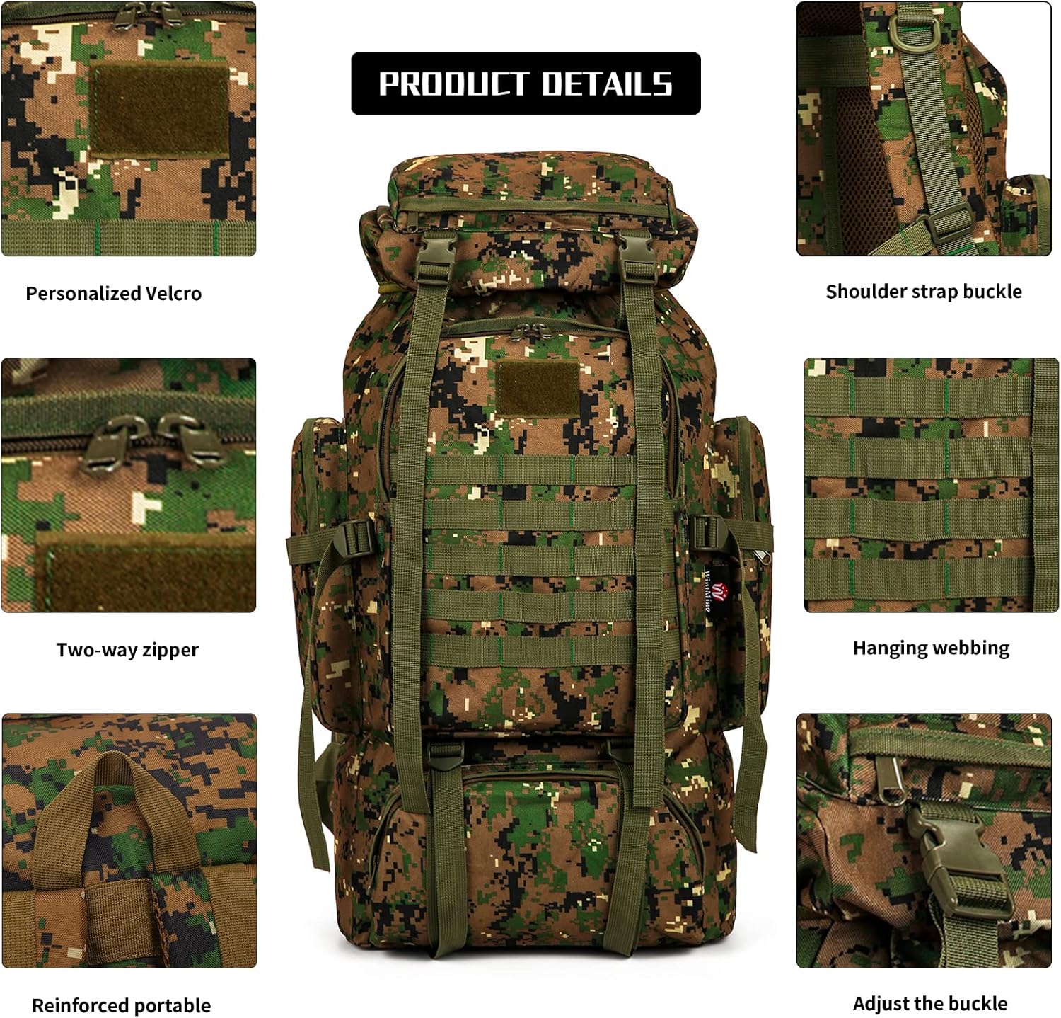 "Breathable mesh back padding and widened shoulder straps on the 70L military rucksack for air ventilation."