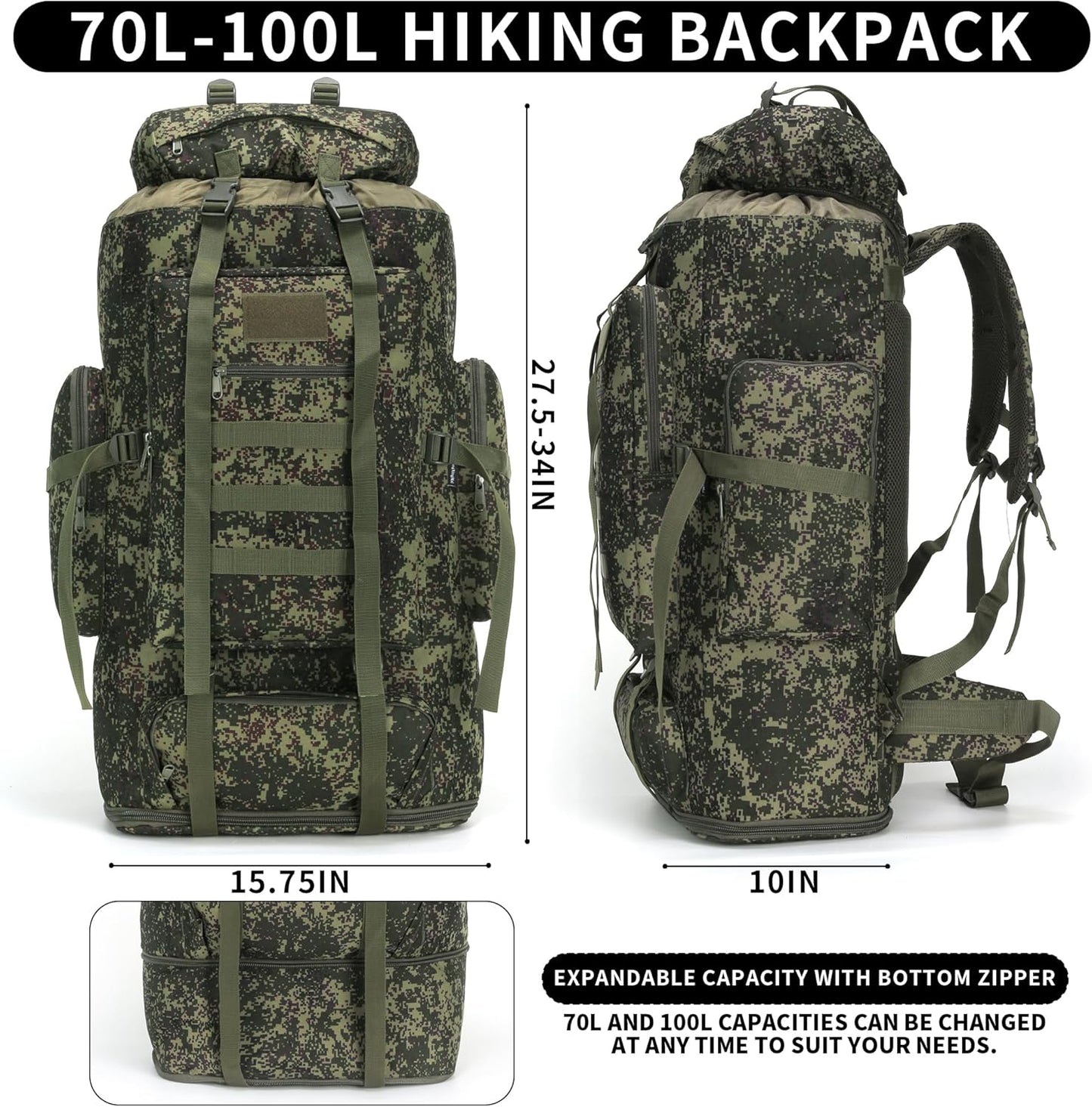 Side view of 100L green military rucksack showing expandable pockets and Molle webbing.