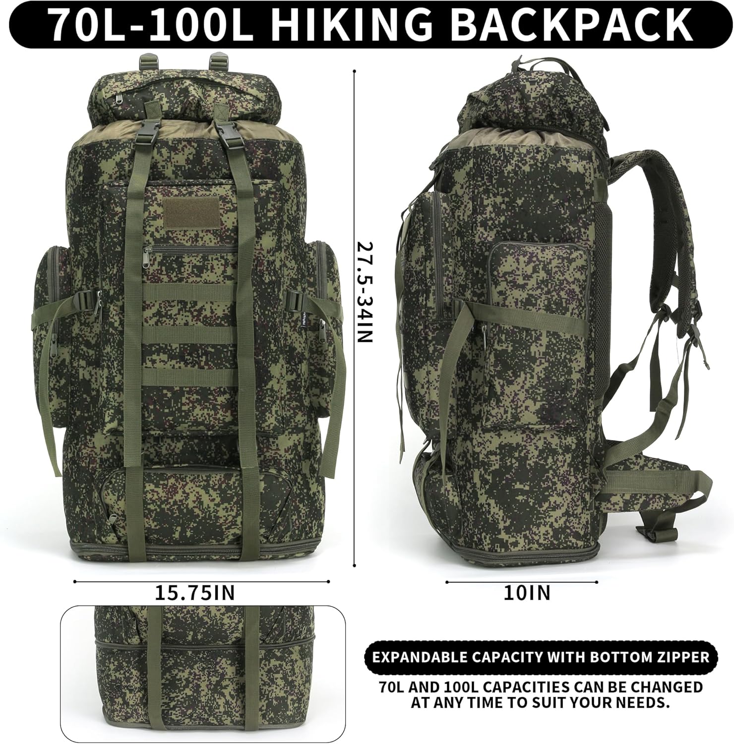 Side view of 100L green military rucksack showing expandable pockets and Molle webbing.