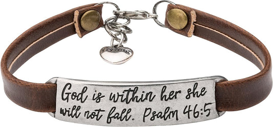 Leather Bracelet for Women Christian God is within her, she will not fail-Brown