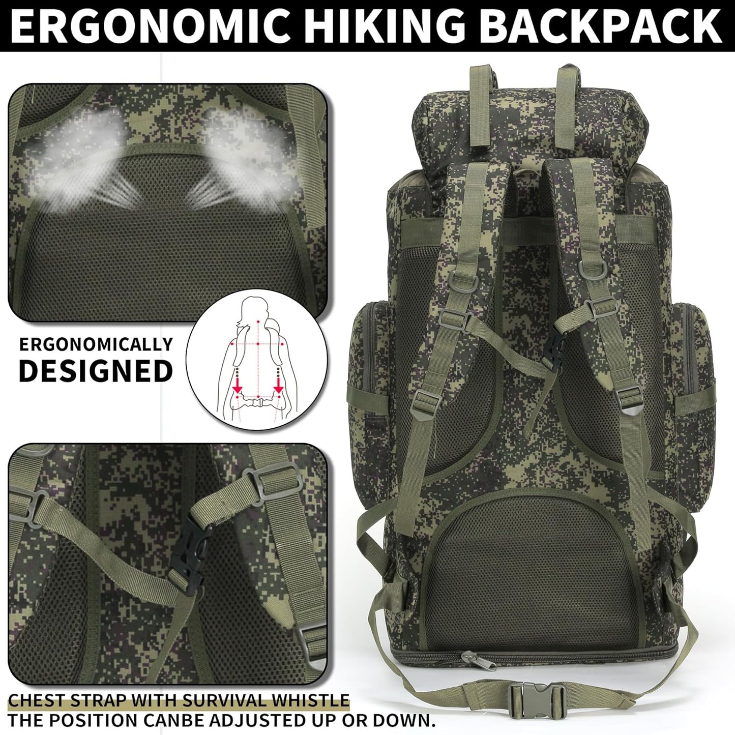  Close-up of 900D water-resistant Green Mix Oxford fabric on a heavy-duty hunting rucksack.