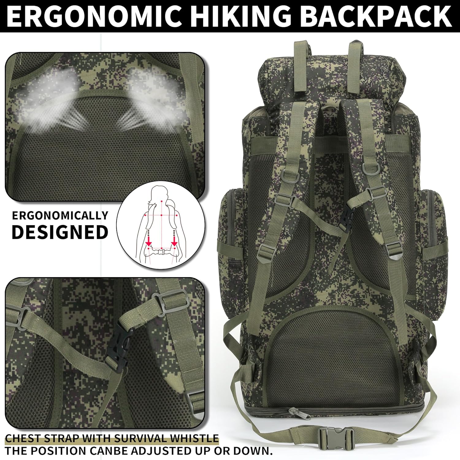  Close-up of 900D water-resistant Green Mix Oxford fabric on a heavy-duty hunting rucksack.