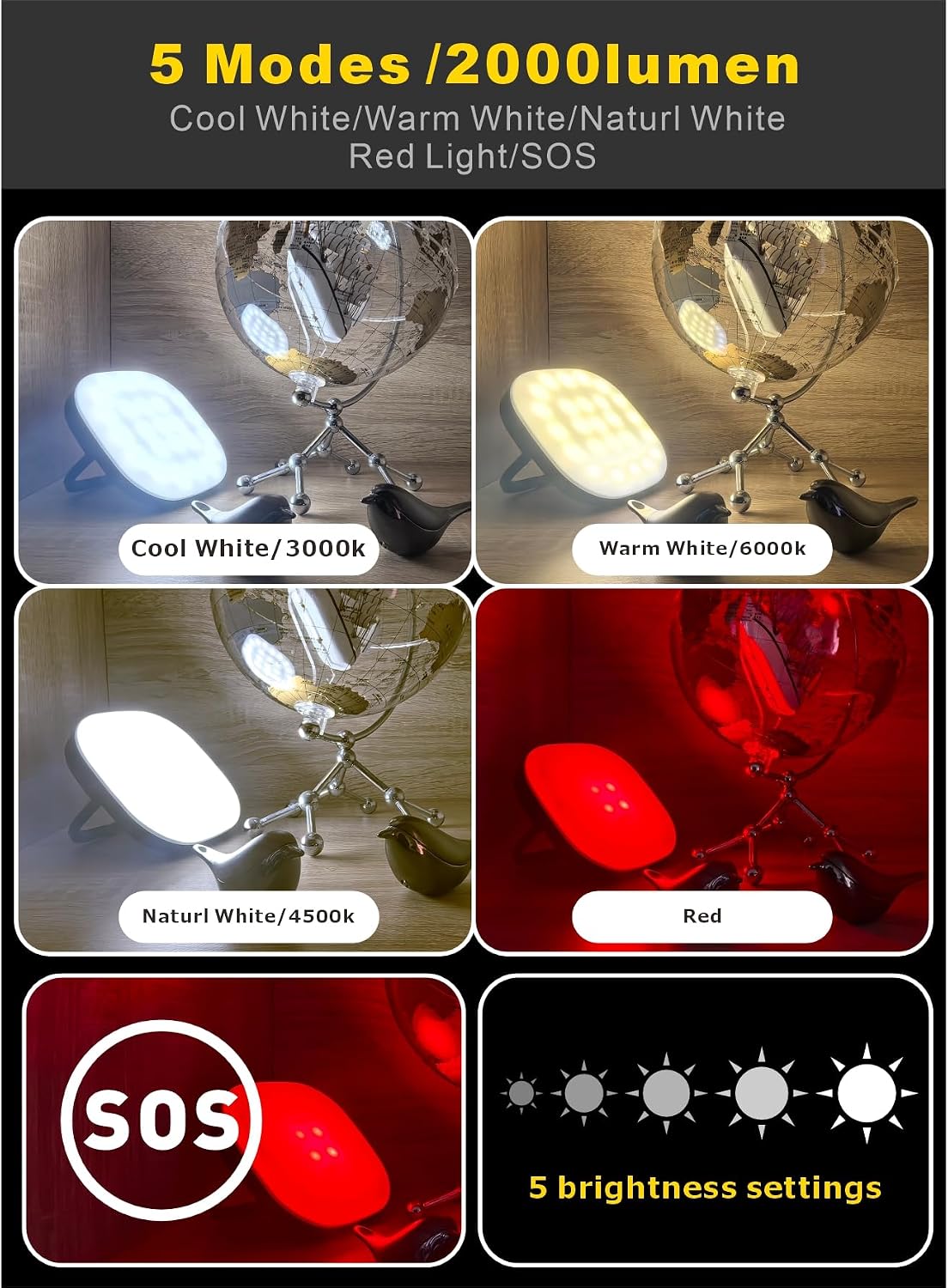 LED light bulb with various color modes and brightness settings on a black background
