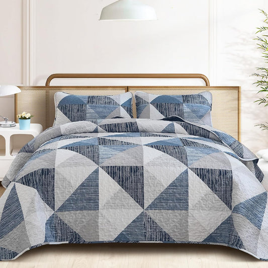 Super Soft Quilt Queen Size Blue, 3 Pieces Patchwork Bedspread Bedding All Season -  BigGreenBear.com bedding 39.99 USD Big Green Bear