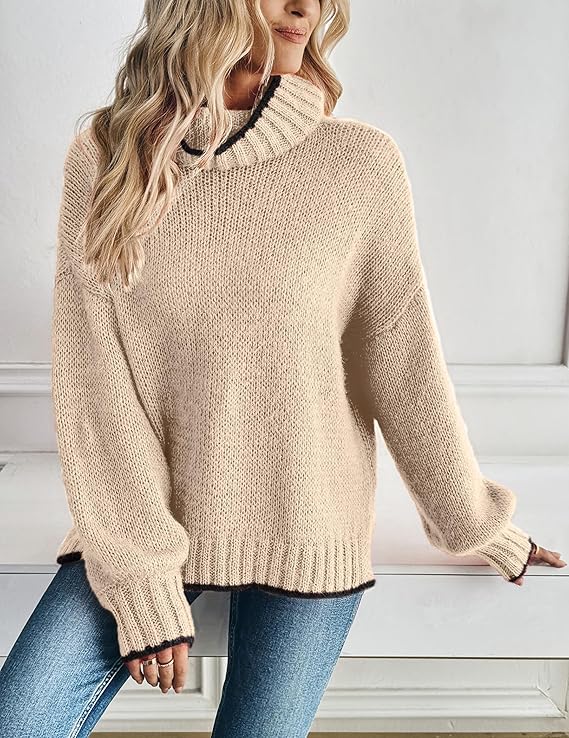 Turtleneck Sweater for Women Long Sleeve Oversized Light Khaki -  BigGreenBear.com clothing 24.50 USD Big Green Bear