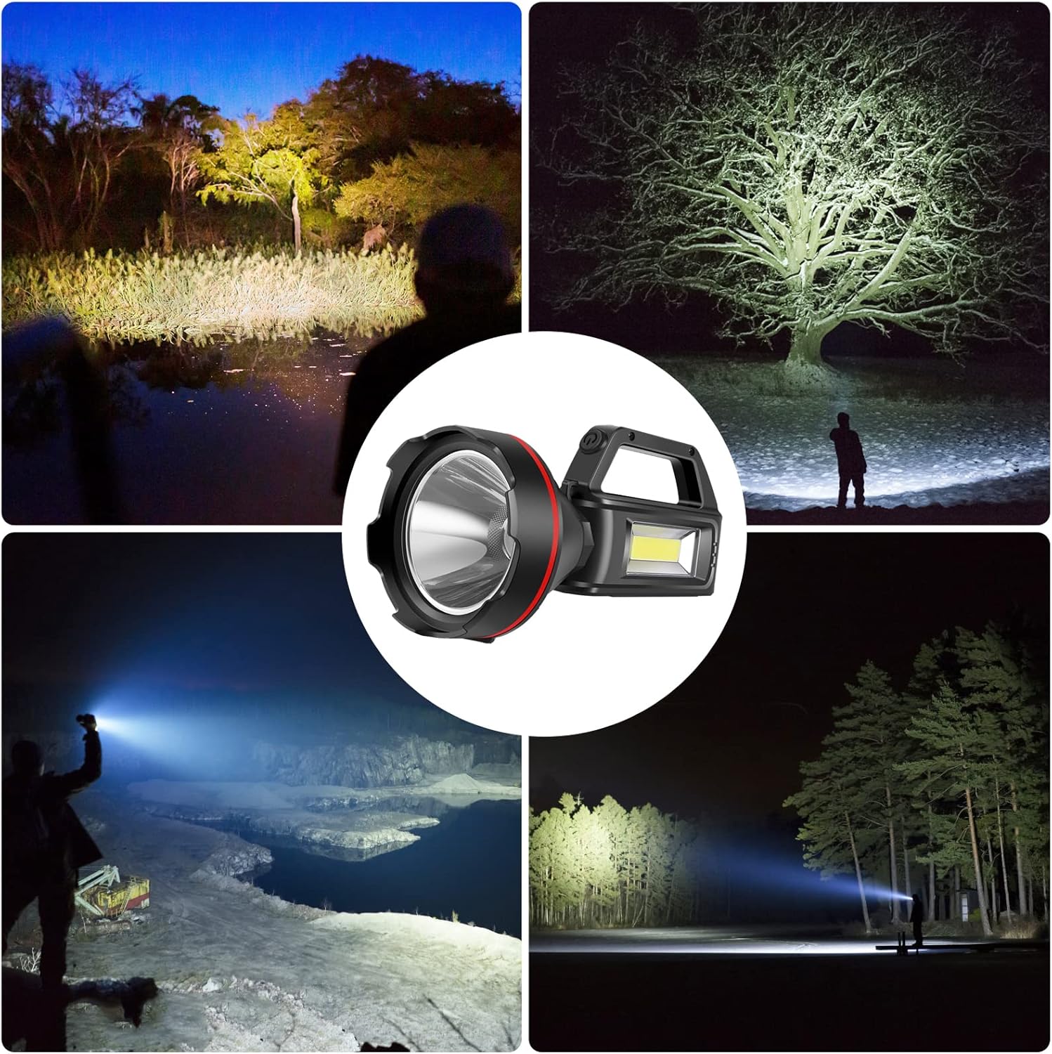 Collage of a flashlight being used in various outdoor settings at night.