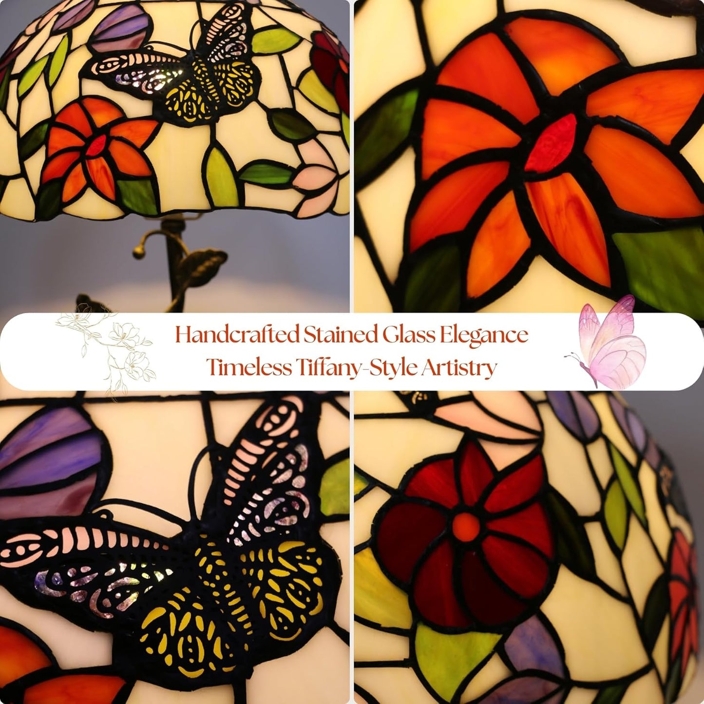 Table Lamp, 12" Butterfly Flower Handmade Stained Glass Lamp Shade -  BigGreenBear.com table lamp 149.99 USD Big Green Bear