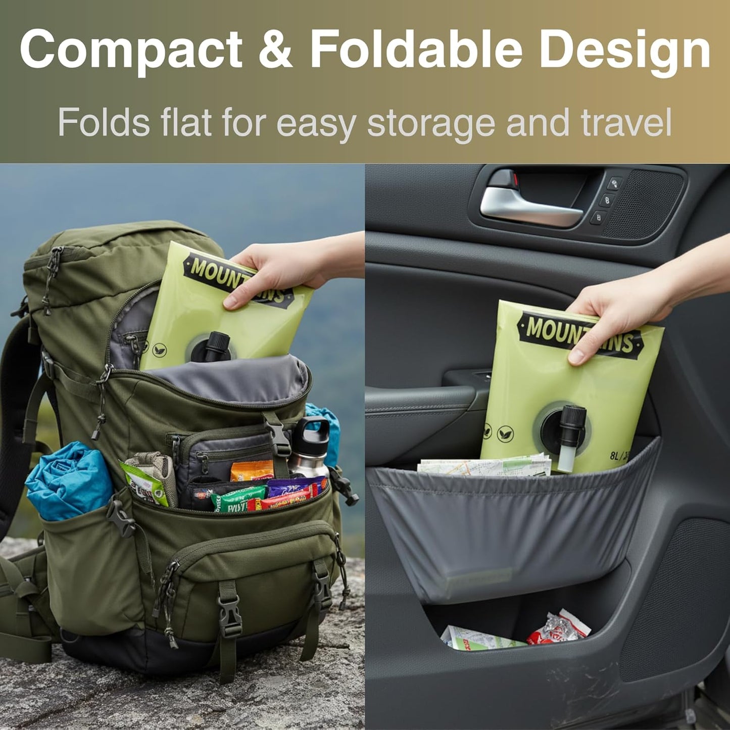 Green backpack with a compartment for food and a car organizer with a green bag labeled 'Mountains'. Text 'Compact & Foldable Design' and 'Folds flat for easy storage and travel' is displayed.
