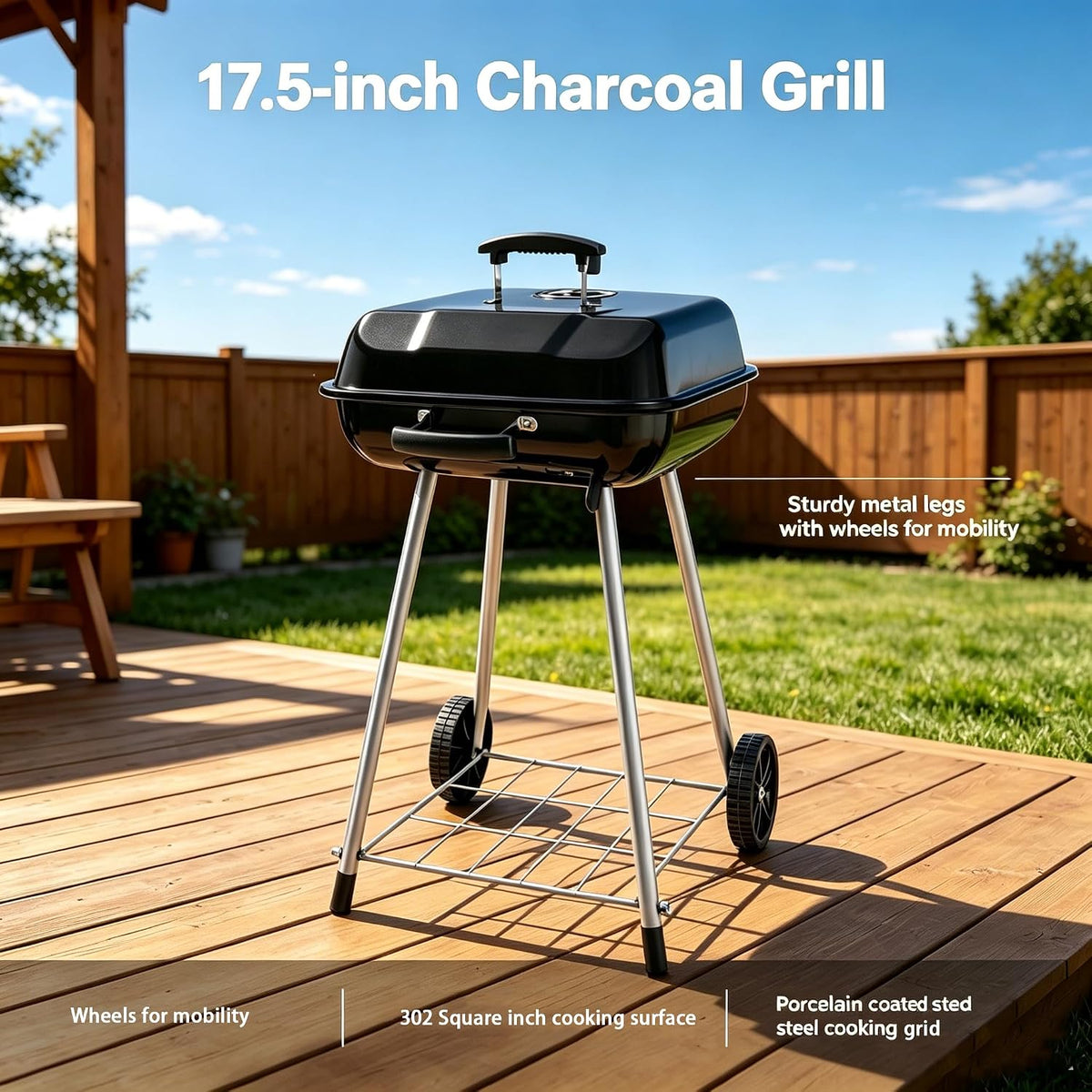 A charcoal grill with a black lid and silver metal legs stands on a wooden deck outdoors. The scene includes text callouts describing the grill features, with a fence, grass, and blue sky in the background.