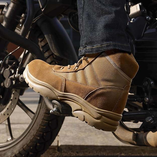 Waterproof coyote tactical boots being worn for outdoor work and motorcycle riding