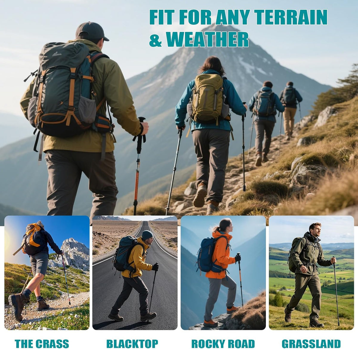 A promotional outdoor collage showing multiple hikers wearing large hiking backpacks and trekking poles on mountain trails and roads. Large teal text at the top reads 'FIT FOR ANY TERRAIN & WEATHER,' and smaller labels along the bottom read 'THE GRASS,' 'BLACKTOP,' 'ROCKY ROAD,' and 'GRASSLAND.