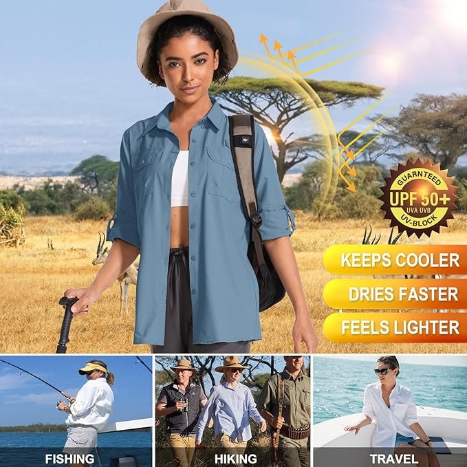 Woman in outdoor setting with text highlighting product features and uses.