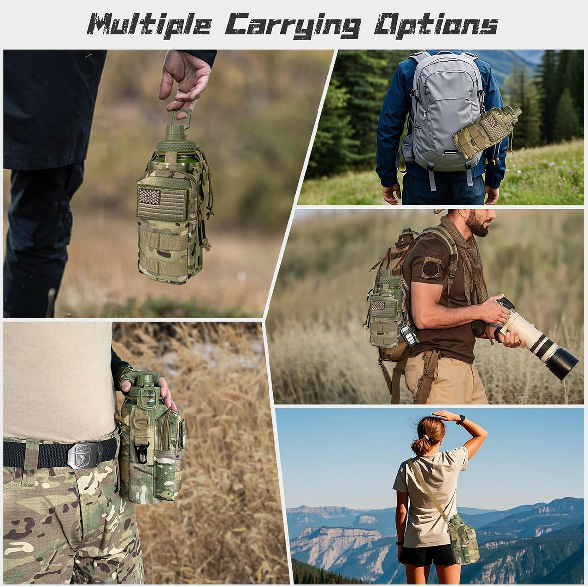 Collage of a tactical water bottle and backpack being used in various settings.