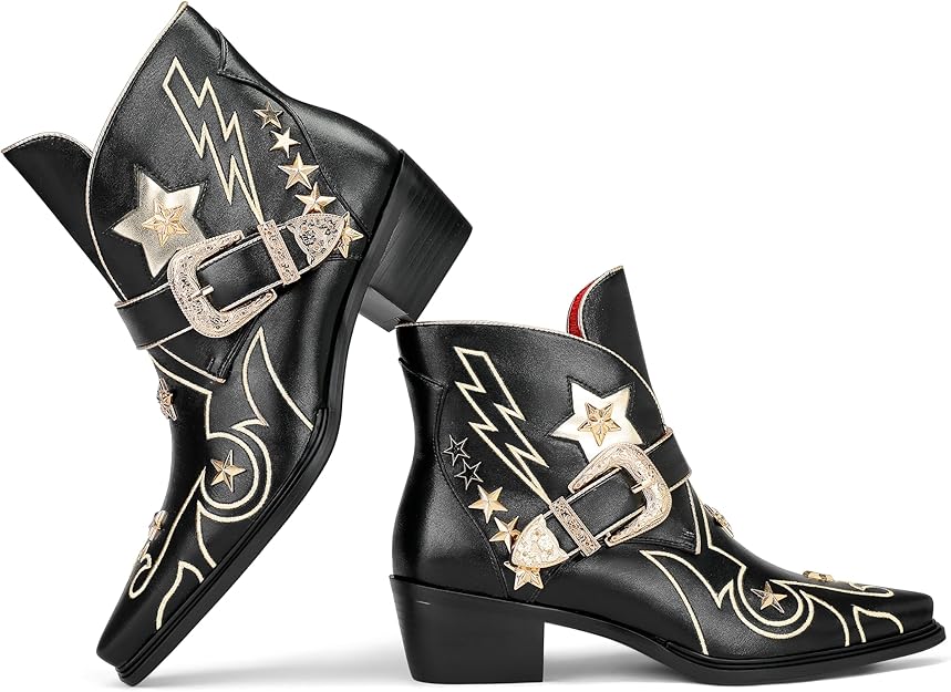 Women’s Western Ankle Boots Star Embroidered Cowgirl Boots Black -  BigGreenBear.com clothing 64.00 USD Big Green Bear