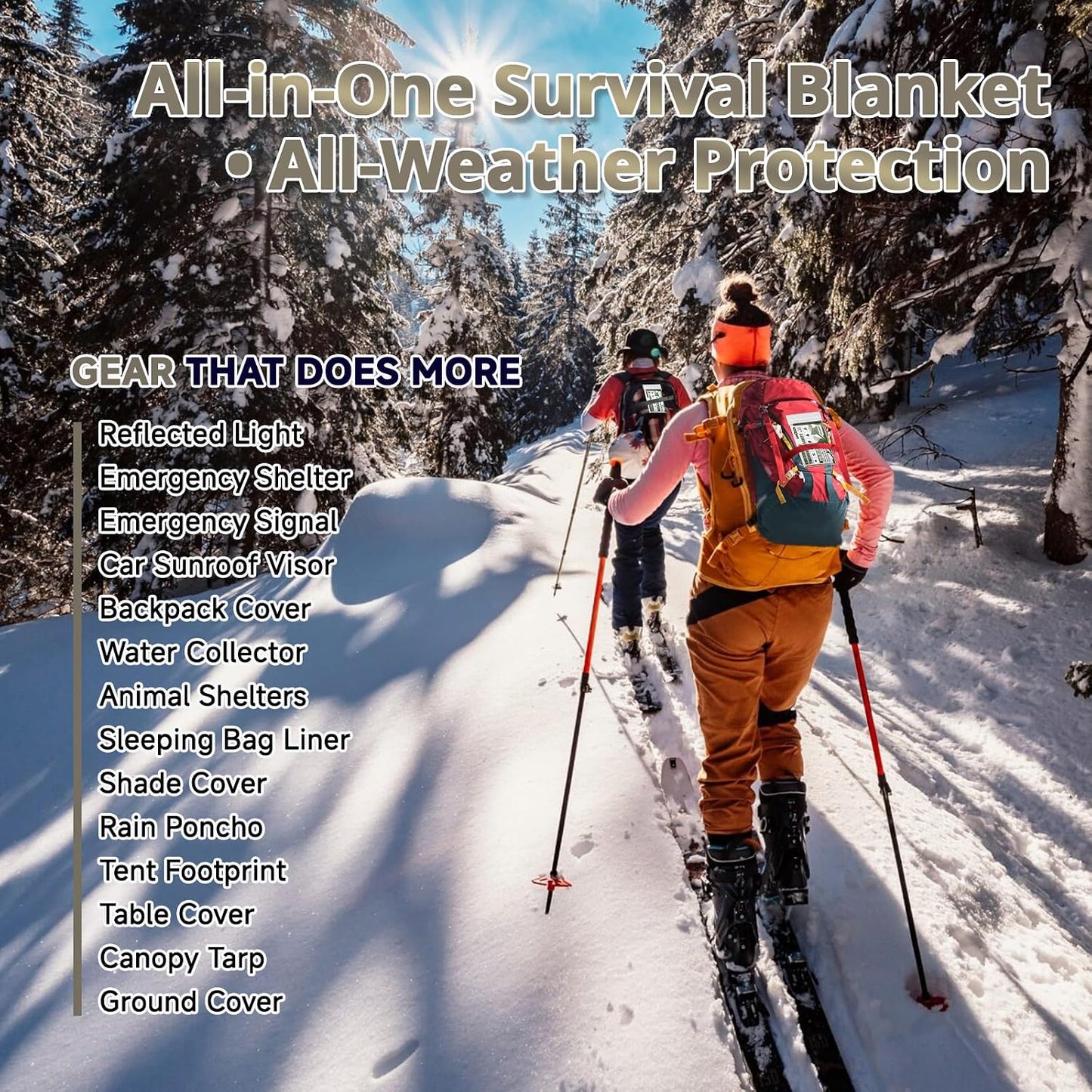 Two people skiing in a snowy landscape with text about an all-in-one survival blanket.