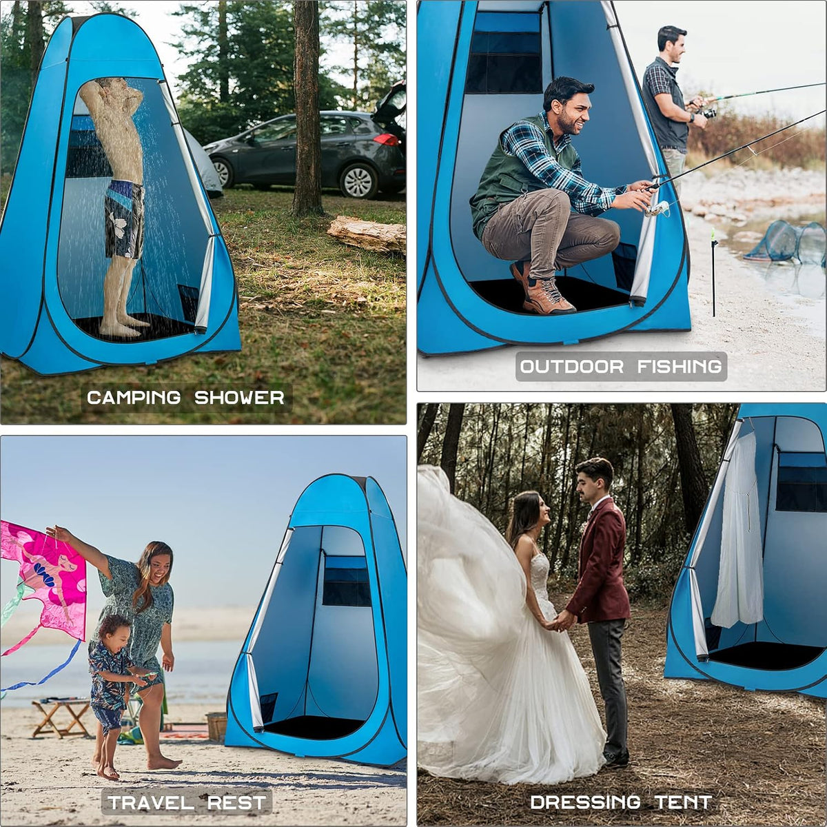 Collage of a blue pop-up tent used for camping shower, outdoor fishing, travel rest, and dressing tent.