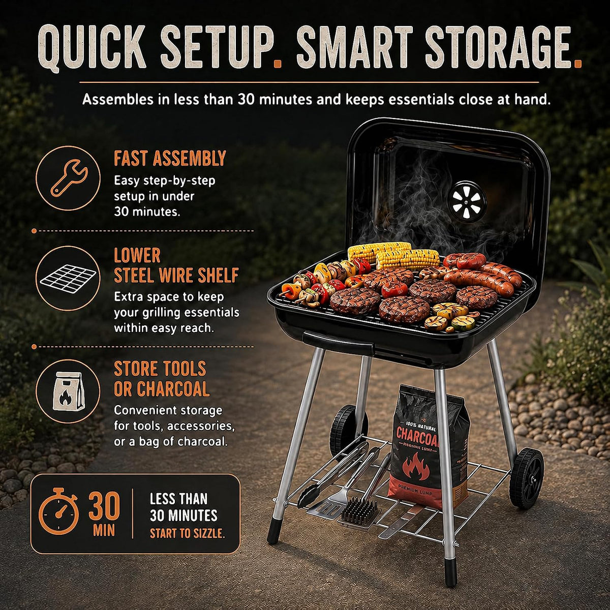 A charcoal grill set outdoors on a stone surface with promotional text highlighting quick setup, smart storage, fast assembly, lower steel wire shelf, and tool/storage convenience. The grill is open with food cooking inside and a bag of charcoal hanging below the shelf.