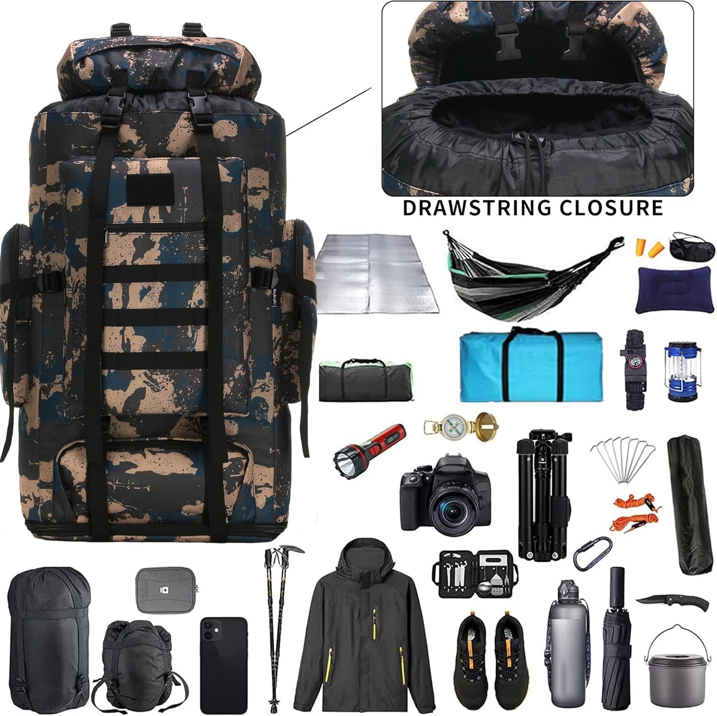 Ergonomic back support on 100L blue trekking pack featuring breathable mesh and thick sponge padding.