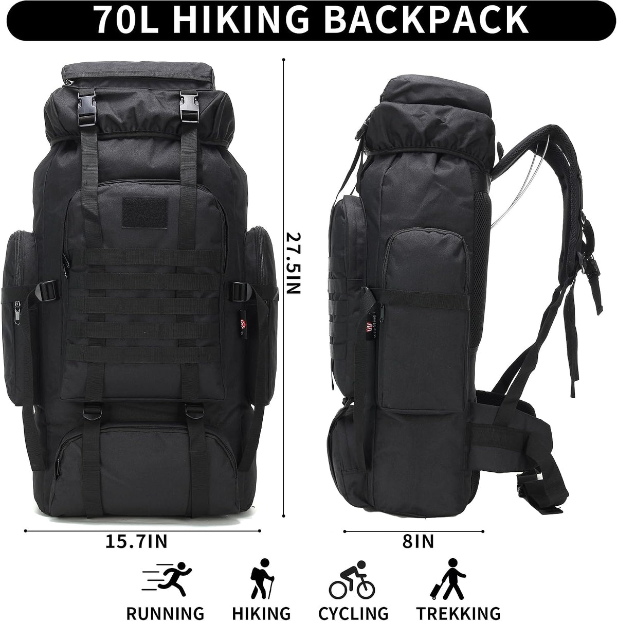 Black hiking backpack with dimensions and activity icons on a white background