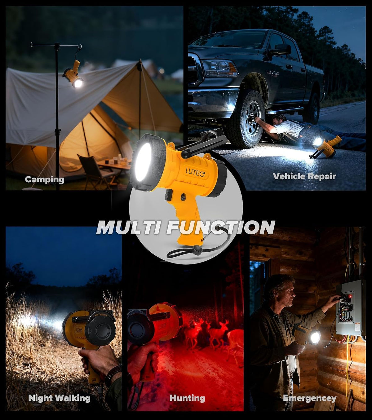 Multifunctional flashlight used for camping, vehicle repair, night walking, hunting, and emergency situations.