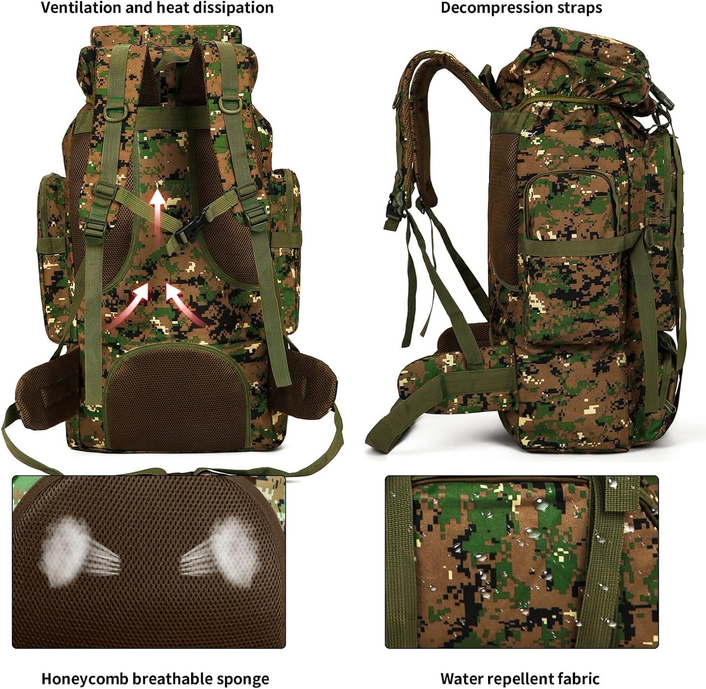  "Detailed view of the external MOLLE system for attaching tactical pouches and gear to the 70L hiking backpack."