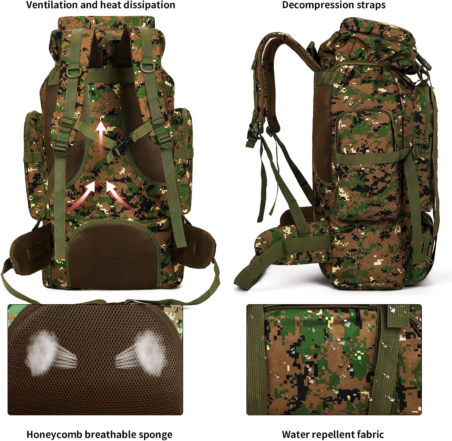  "Detailed view of the external MOLLE system for attaching tactical pouches and gear to the 70L hiking backpack."