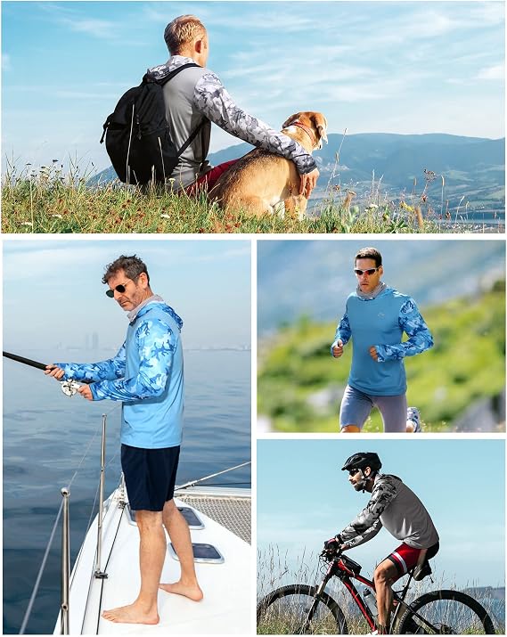 Collage of a man with a dog, fishing, and cycling outdoors.