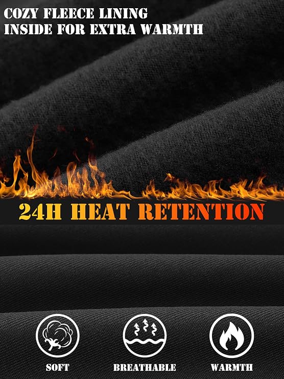 Black fleece lining fabric with text reading 'COZY FLEECE LINING INSIDE FOR EXTRA WARMTH' and '24H HEAT RETENTION' over a flame graphic, plus three feature icons for soft, breathable, and warmth.