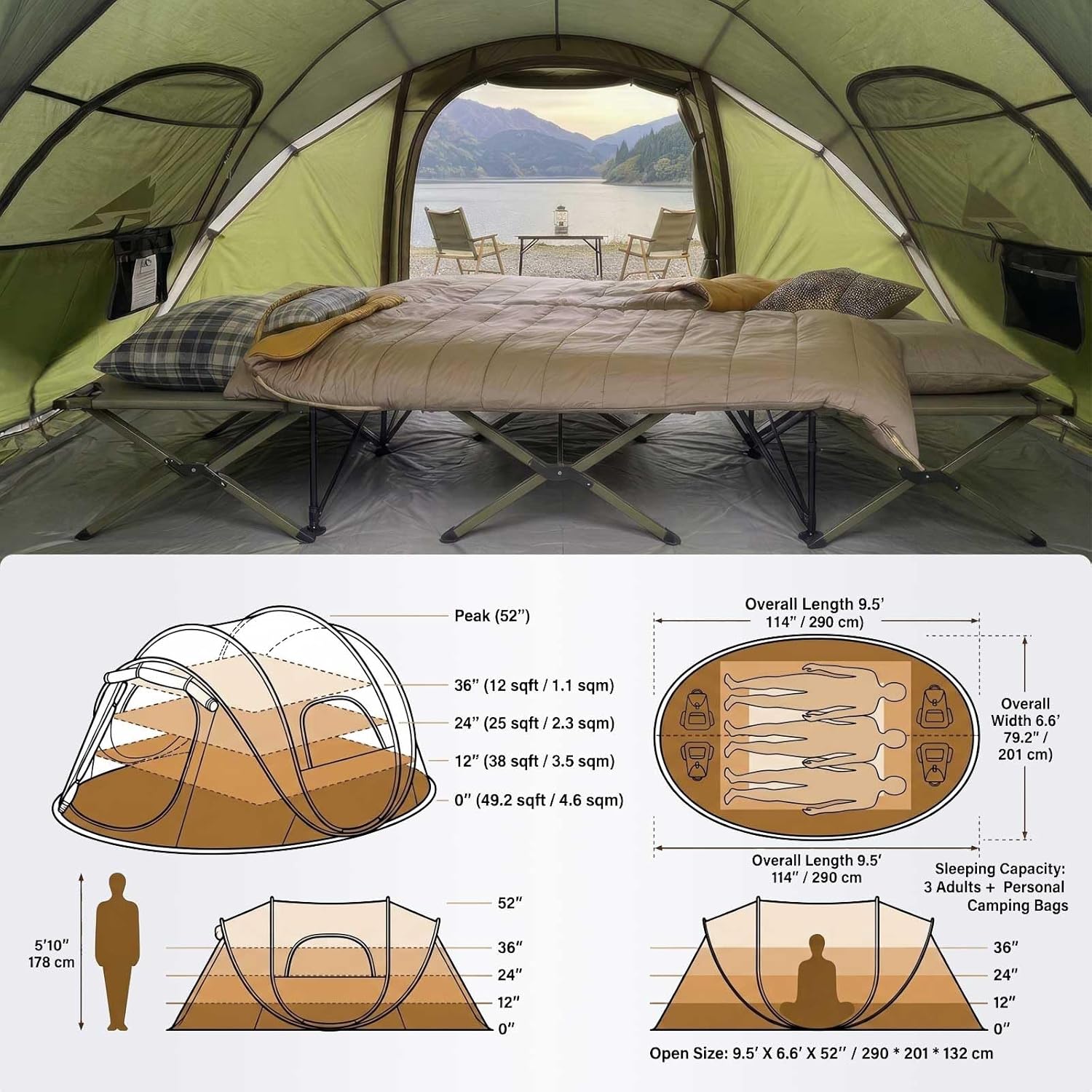 Camping tent with interior setup and dimensions diagram