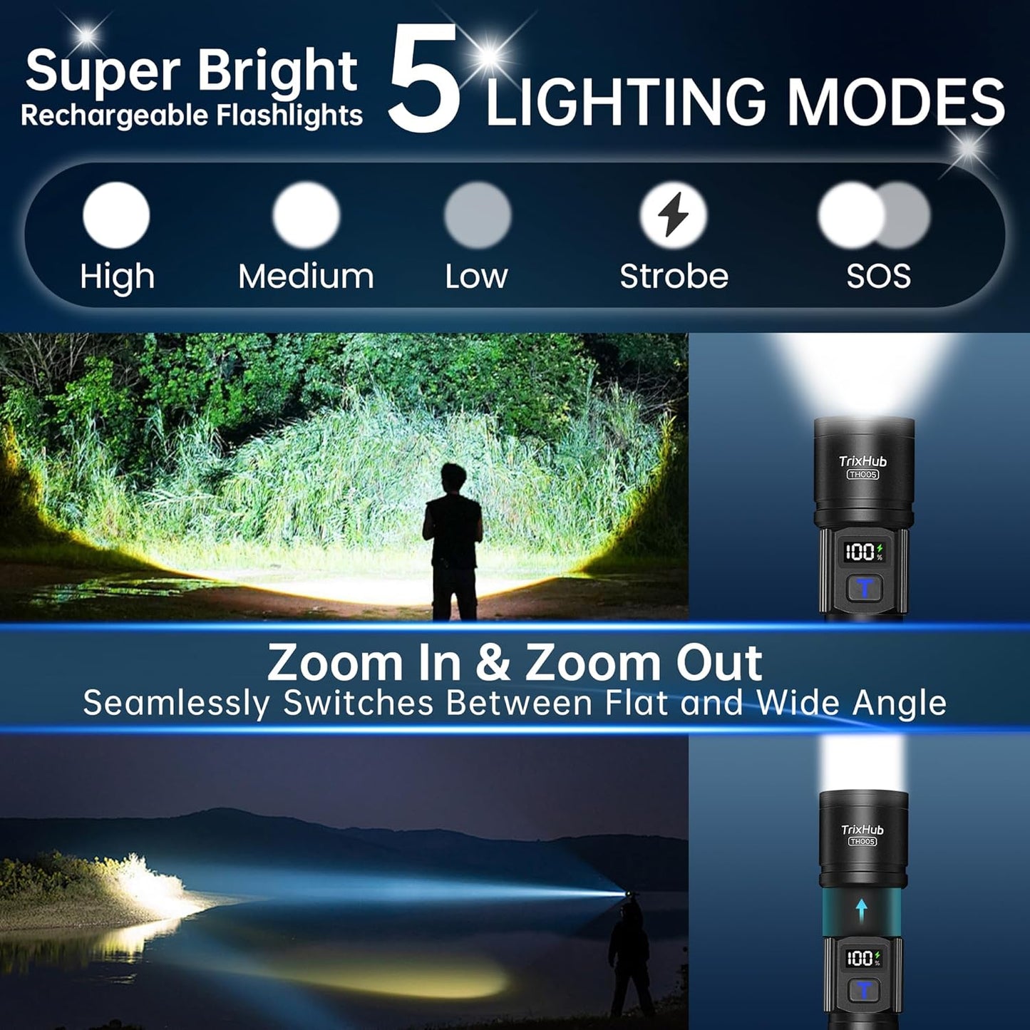 Rechargeable flashlights with 5 lighting modes and zoom functionality on a dark background.