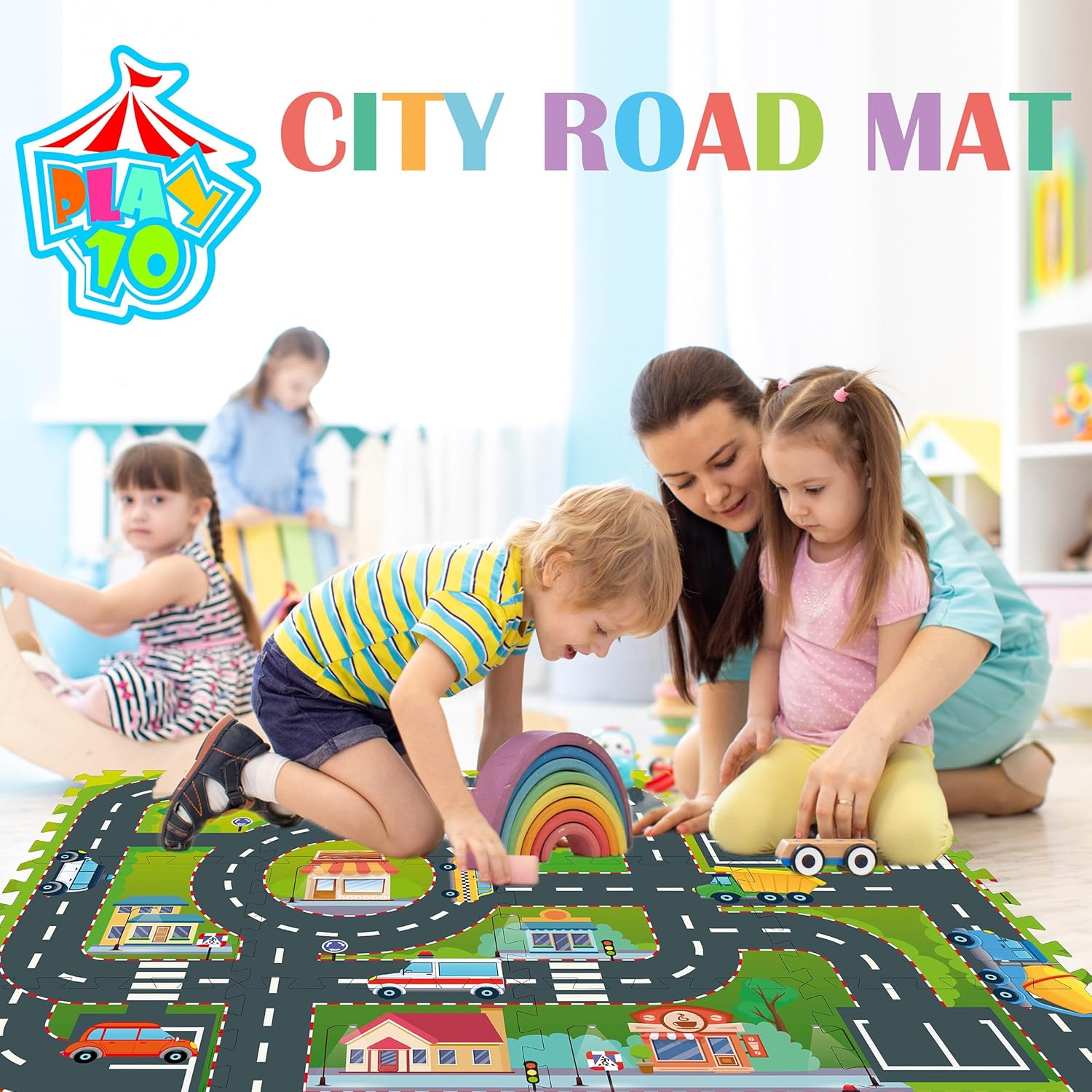 Foam Play Mat for Baby, Interlocking Foam Tiles, City Road Track Puzzle Mat 12 Pieces