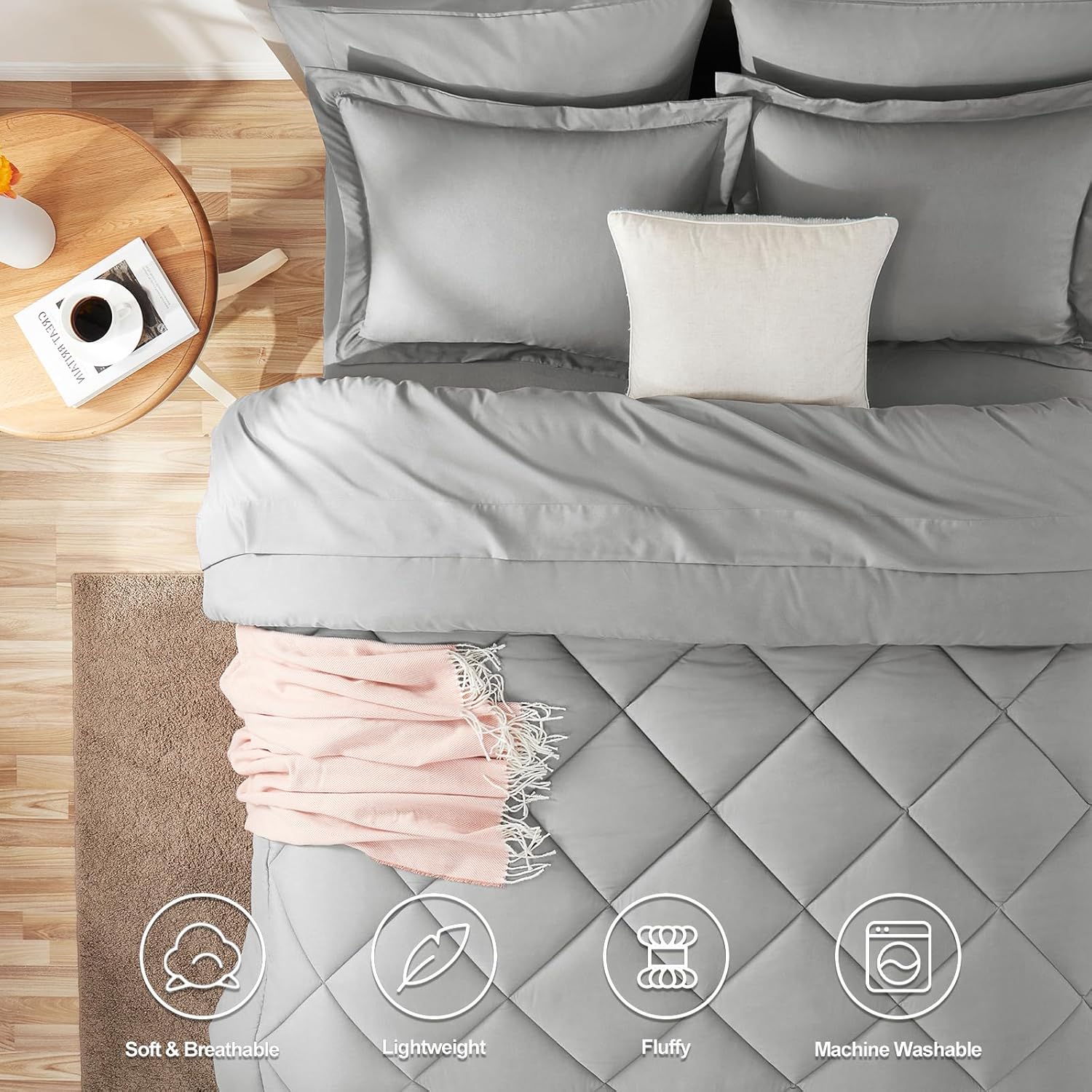 7 Pieces, Queen Luxury Soft Bed Set for All Seasons, Bedding Set-Light Grey -  BigGreenBear.com bedding 69.00 USD Big Green Bear