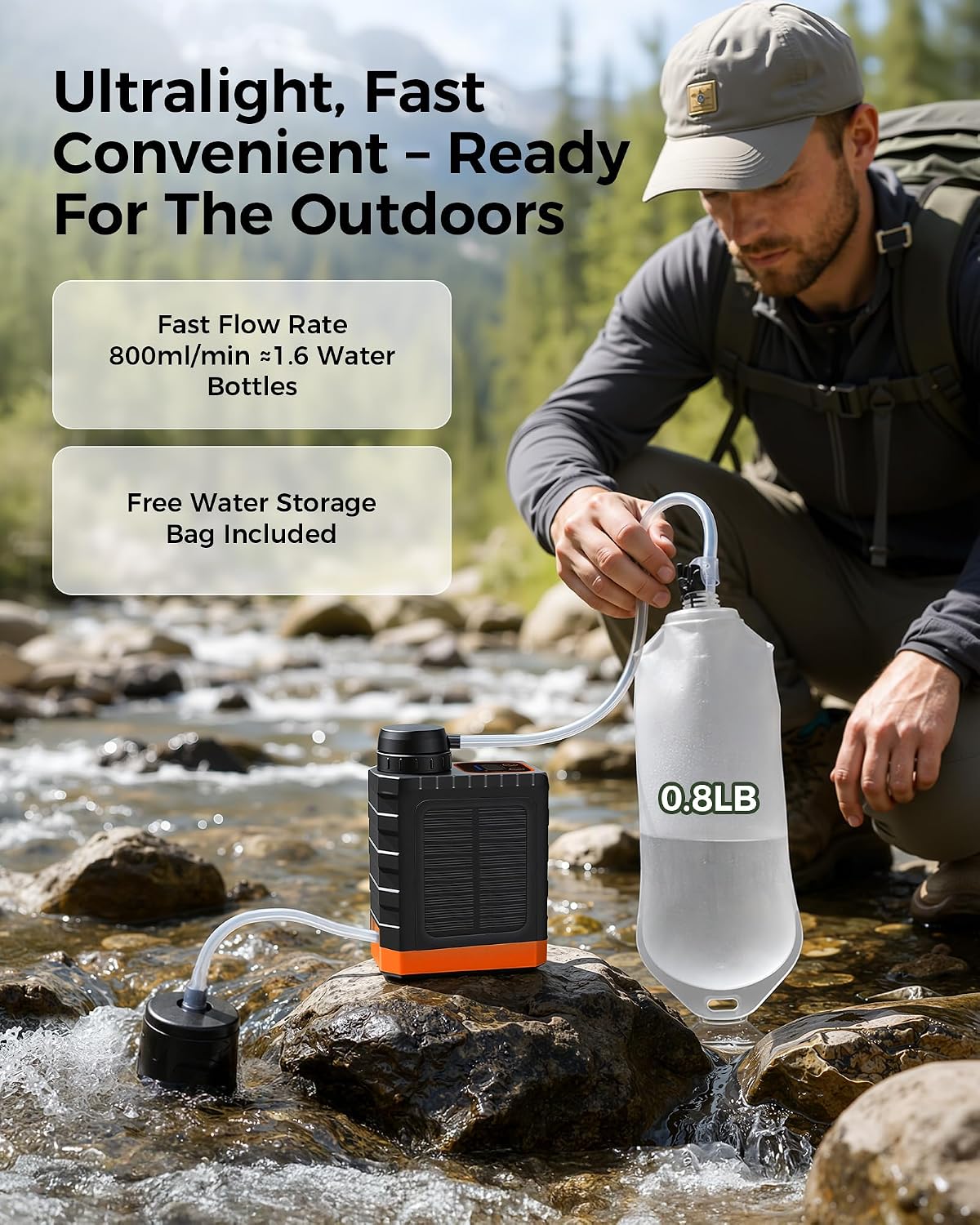 A man outdoors by a rocky stream demonstrates a portable water pump system connected to a clear 0.8LB water bag.